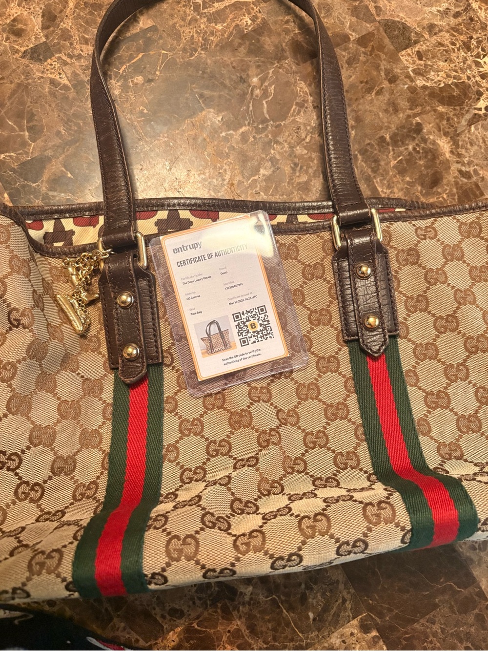 Gucci Brown GG Canvas Tote with Green and Red Web Stripe